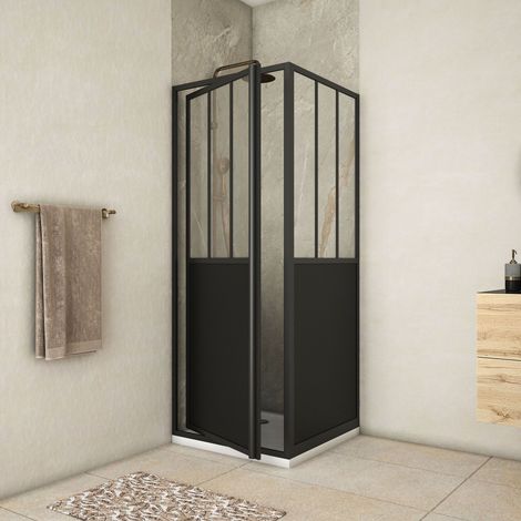 pack porte de douche pivotante et retour 'type atelier' - noir mat - 80x80x200 cm (1/5)