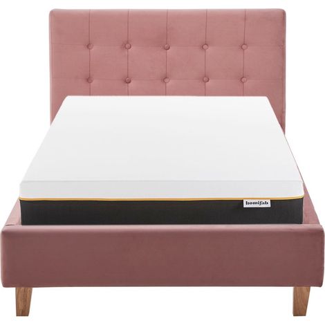 Ensemble Lit adulte 90x190cm avec tête de lit en velours vieux rose - Milo + Matelas mémoire de forme - Dual Confort (1/5)