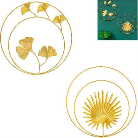 2 Pcs Décoration Murale en Métal Feuilles Fer Ginkgo Feuilles Décoration et Paume Murale Décoration Décoration Murale Ronde en Métal pour Balcon, Couloir, Chambre (1/5)