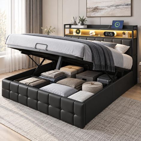 Cama canapé abatible 140x200 cm de matrimonio con luces LED RGB, Cabecero con almacenaje y conector USB Tipo C, Somier de láminas, polipiel PU, Negro (1/5)