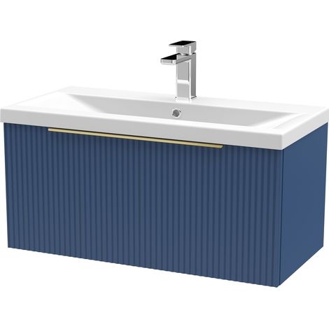Fluted Front Wall Hung 1-Drawer Bathroom Vanity Unit with 1 Tap Hole Basin, 800mm, Satin Blue, Brushed Brass Handles