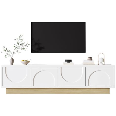Meuble TV bas moderne, 175 x 40 x 41.5 cm, blanc mat 4 compartiments avec portes en relief 3D