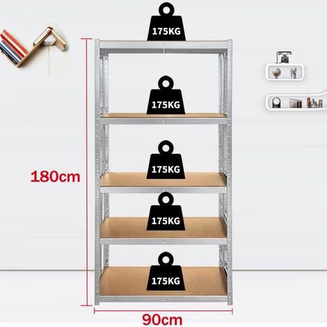 5 Tier Heavy Duty Metal Garage Shelving Units Galvanised Storage Racking Boltless Shelves, Ideal For Workshop, Shed, Office, Kitchen, Up to 875KG (180cm x 90cm x 40cm) (1/5)