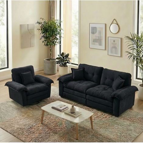 Canapé 2 pièces en chenille, fauteuil + canapé 2 places, noir, coussins inclus DESVIAE (1/5)