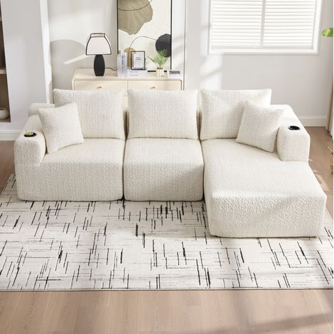 Sofá rinconera modular de 3 plazas beige en tejido chenilla, con portavasos y bolsillo, OKWISH (1/5)