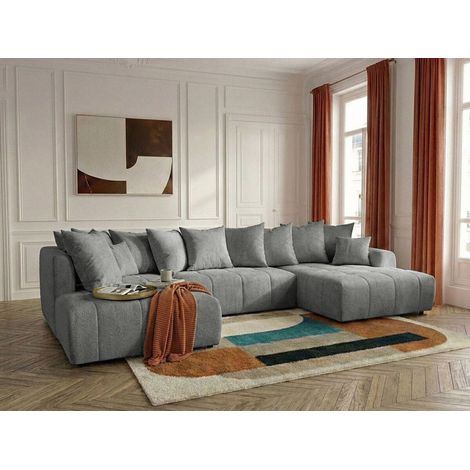 BOBOCHIC - Canapé panoramique convertible ROXELANE tissu chiné Angle droit  Gris clair