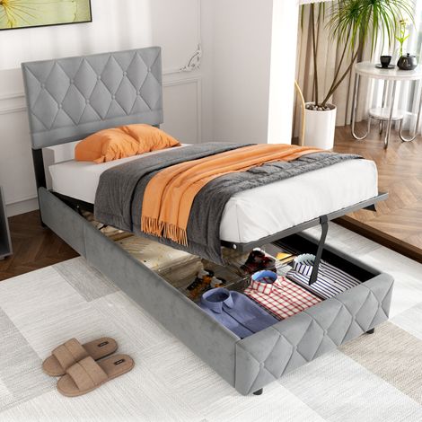 Cama tapizada gris de 90x190 cm de PU con almacenamiento bajo la cama, somier de listones estable, bordes acolchados acogedores, cama funcional ahorradora de espacio para dormitorios (1/5)
