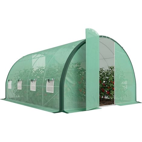 Green 4 x 3 m Polytunnel Greenhouse with Windows and Doors, Galvanised Steel 400 x 300 x 200 cm (1/5)