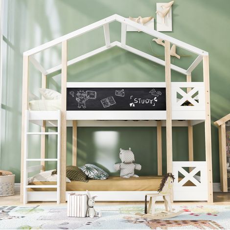 Litera infantil de madera maciza blanca 90x200 cm con 2 somieres de láminas y pizarra (1/5)