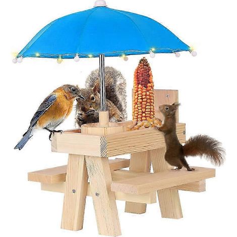 Mangeoire à écureuils 25-26 pour l'extérieur, à suspendre avec parasol, mangeoire de pique-nique pour écureuils avec guirlande lumineuse (bol d'eau en bois naturel bleu) (1/4)