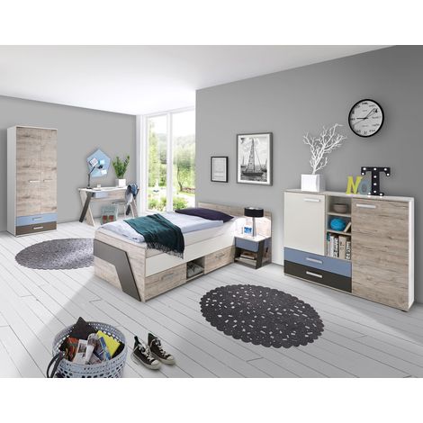 Jugendzimmer Set mit Bett 90x200 cm 5-teilig mit Kleiderschrank LEEDS-10 in Sandeiche Nb. mit weiß, Lava und Denim Blau (1/5)