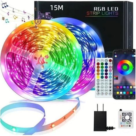 Ruban LED - 15 m - RGB - Contrôle Bluetooth App et Télécommande - Multicolore (1/5)