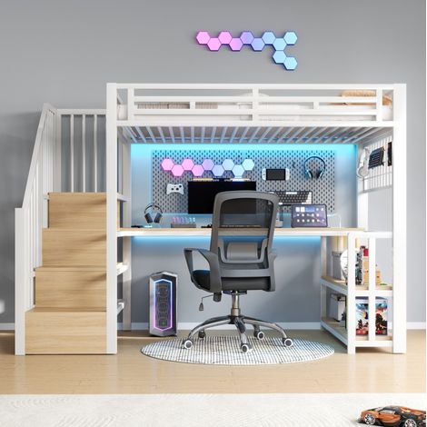 Hochbett (254 x 95.5 x 160 cm), mit Schreibtisch, LED Lichtleiste, Regal und Hängegitter, Metall und MDF, Weiß (1/5)