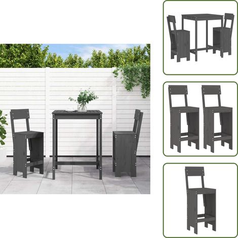 3-tlg. Gartenbar-Set Grau Massivholz Kiefer - Gartentisch - Barhocker - Gartenmöbel - Outdoor Möbel - Holzmöbel