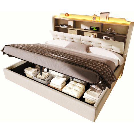 CHICFURN Lit coffre 180x200 cm rembourré avec LED multicolore, rangement hydraulique, ports USB et Type-C, tête de lit relevable, tissu beige, design flottant pour chambre moderne (1/5)