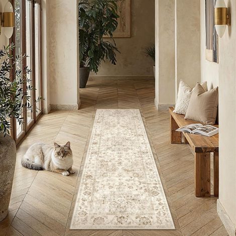 Beige Vintage Tapis Salon 80x300cm Rug Lavable en Machine Grand Antidérapant Rugs,Chambre Adulte,Descente de Lit Carpets,Salle a Manger,Bureau,Cuisine,Interieur Poil Ras Carpet (1/5)