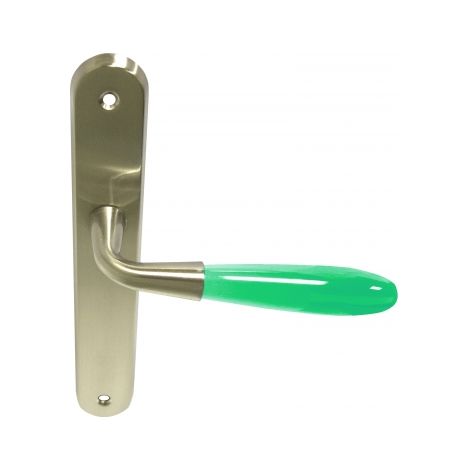 Ouvre&Déco – Poignée de porte sans trou translucide vert – Finition nickel mat – Entraxe 195 mm – Béquille en acrylique moderne