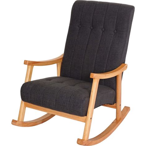 Sedia a dondolo nordica elegante HHG-624 97x62x82cm legno chiaro tessuto grigio scuro (1/5)