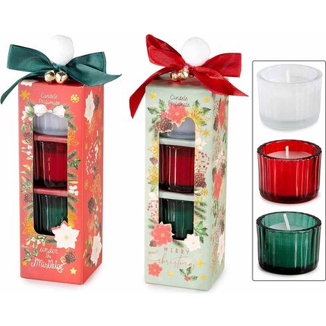 Bougies parfumées en pot de verre travaillé, coffret cadeau de Noël de trois pièces avec nœud, lot de 4, bougie : diam. 5,5 x H. 4 cm
