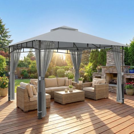 Gazebo da giardino con doppio tetto e pareti in rete, protezione UPF50+, per patio esterno, 360x300x275 cm, grigio. (1/5)