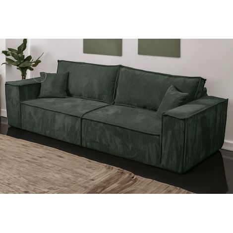 Tendencio – Canapé convertible 3 places VELLA en velours côtelé vert – Longueur 255 cm – Profondeur 105 cm – Design moderne pour intérieur contemporain