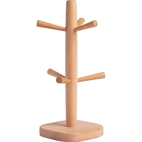 Wooden Mug Holder Tree, Coffee Mug Rack with 6 Hooks, Coffee Mug Holder for Kitchen Countertop, Tea Cup Holder, Coffee Mug Dryer (1/5)