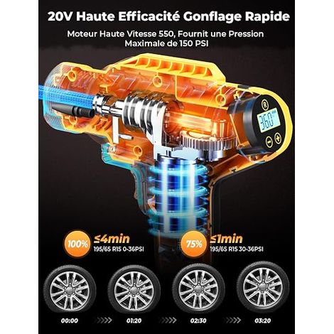 Compresseur à Air Portatif Compresseur Voiture 150PSI Gonfleur Pneus Voiture Arrête Automatique avec Ecran LCD Lumière LED Type-C Câble 4 Buses pour Voiture Moto Vélo Balle (1/4)