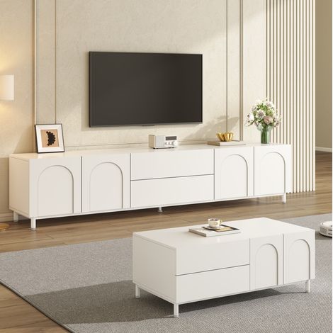 Mobile porta TV 180x40x48 cm e tavolino da caffè 100x50x39,5 cm, vani contenitori chiusi, in MDF e pannello bianco (1/5)