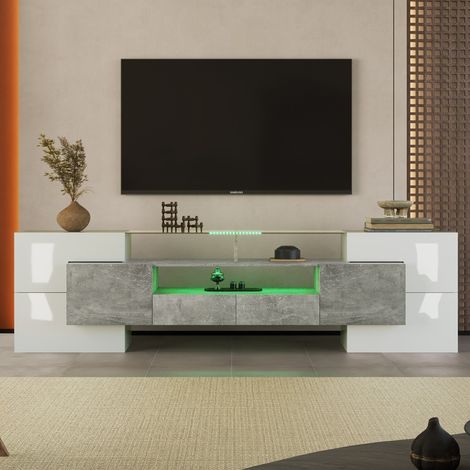 Meuble TV design blanc haute brillance 200cm - Lowboard LED & plateau verre - Élégance moderne pour salon (1/5)