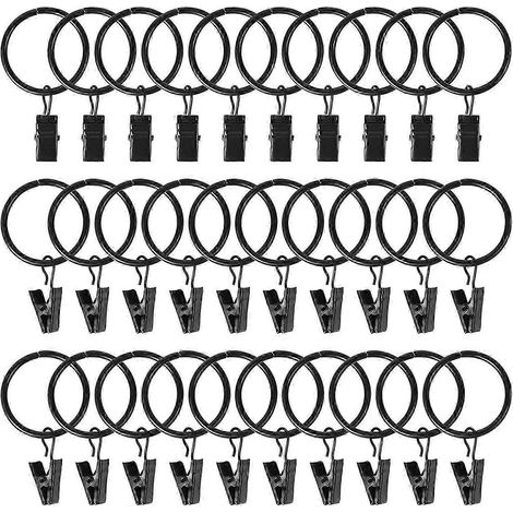 Gardinenringe mit Clips, Packung mit 30 Ringen à 32 mm, schwarz, rostfreies Metall, kompatibel mit Gardinen und Gardinenstangen. (1/5)
