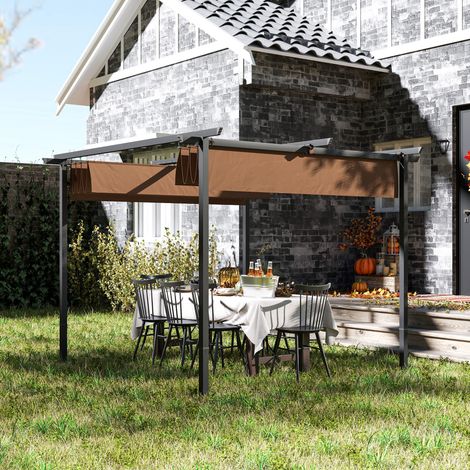 Pergola da giardino esterna 3x3 m con tetto scorrevole retrattile, in poliestere ad alta densità 180 g/m², protezione solare UPF30+, colore marrone.