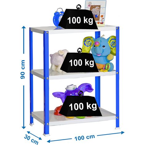 SimonRack Scaffale da Ufficio/Libreria, 900x1000x300 mm, 3 Ripiani, 100 kg per Ripiano, Metallo Stile Industriale, Blu/Bianco – Simon Home