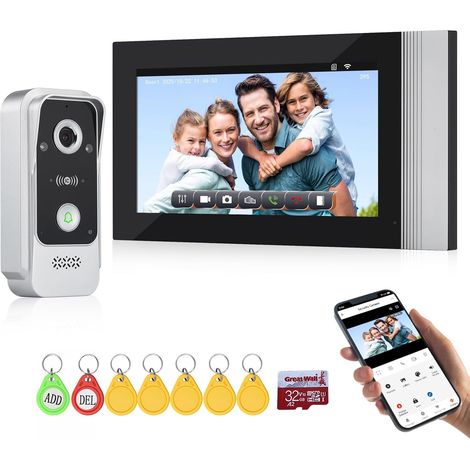 Système Interphone de Sonnerie Vidéo à 2 Fils, Caméra Vidéo HD 1080P avec Moniteur écran Tactile de 7 Pouces pour la Maison, Vision Nocturne IR, Carte Déverrouillage (1/5)