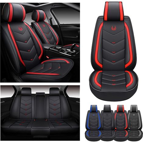 Premium-Autositzbezug, wasserdicht, Kunstlederkissen, universelles Zubehör für SUV, LKW, Limousine, Auto-Innenraumschutz, komplettes Set (OS-003 rot) (1/5)