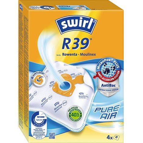 Swirl R 39 EcoPor Lot de 4 sacs d'aspirateur indechirables pour certains aspirateurs Rowenta & Moulinex, filtration a 99,9% de la poussiere domestique et des poussieres fines allergenes (1/9)