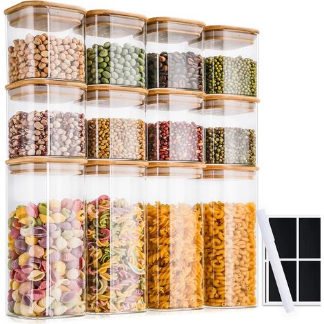 Bocal En Verre - Lot De 12 - Verre Borosilicate Et Bambou - Hermétique - Cuisine Et Rangement - 400 Et 920 Ml (1/5)