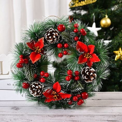 Couronne de Noël de 40,6 cm, couronne de Noël extérieure avec lumières LED, 4 fleurs de poinsettia artificielles rouges, boules de Noël, pommes de pin, baies pour porte, mur, cheminée, décoration de l (1/3)