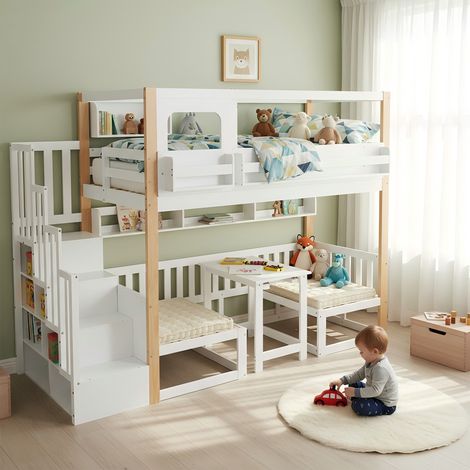 Lit superposé enfants 90x200cm pin MDF contreplaqué blanc naturel,table réglable bibliothèque et escalier rangement.