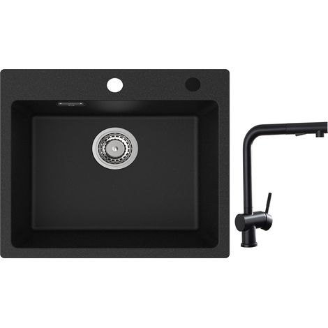Cecipa Evier 1 Bac Quartz Noir 50x45cm Evier de Cuisine en Quartz Evier de Cuisine en Granit + Robinets Cuisine avec Douchette Extractible, Mitigeur d'évier Noir (1/5)