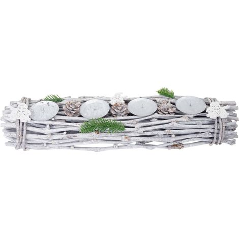 Corona de Adviento alargada, decoración navideña Arreglo de Adviento, madera 60x16x9cm blanco-gris, sin velas (1/5)