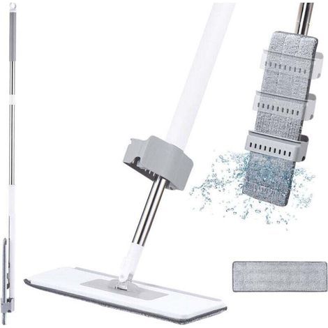 Balai Microfibre avec Essorage Intégré, Balai Serpillère Professionnel avec 137cm Poignée, Serpillère Plate avec 2 Tampons Réutilisables, pour Nettoyage Bois Dur, Stratifié, Carrelage (1/2)