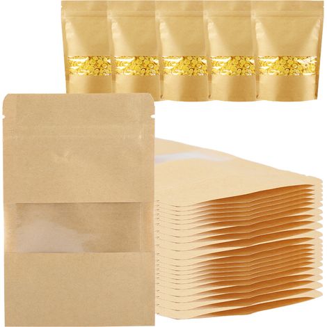 Lot de 20 Sachet kraft, Fenêtre transparente, Fermeture zip, 9x14 cm, Alimentation (1/5)