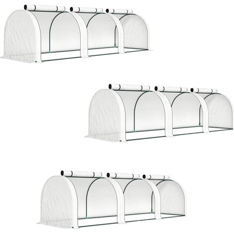 3er-Set tunnelgewächshaus, 3 Fenster mit Reißverschluss, Stahlrahmen, robuste Plane, 295 x 100 x 80 cm, Weiß