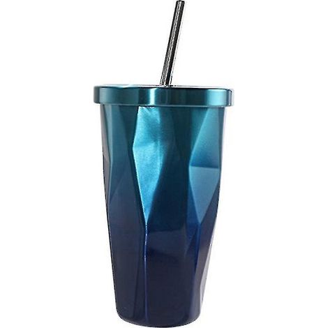 500-ml-Edelstahl-Isolierbecher mit Strohhalm, doppelwandig, Farbverlauf, blau