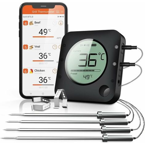 Termómetro para parrilla, termómetro para parrilla con Bluetooth, inalámbrico digital con 2 sensores, termómetro para carne, termómetro para parrilla con 2 sensores de temperatura y alarma, regalos de (1/5)