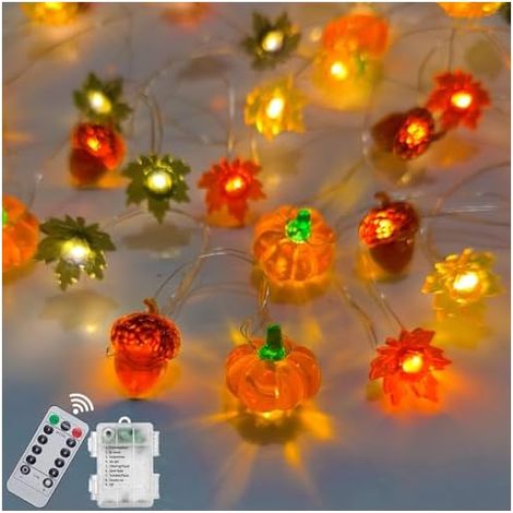 Guirlande lumineuse de 5,2 m avec 50 LED à piles avec minuteur, lumière orange pour récolte d'automne pour intérieur ou extérieur, maison, fête, Halloween, Thanksgiving (1/5)