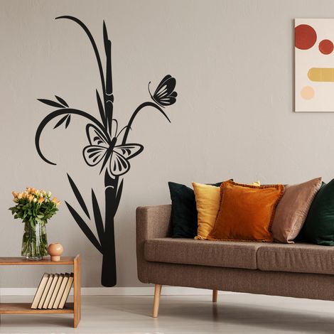 Sticker Mural - Fleur Papillons - 17x32 cm - Noir (1/3)