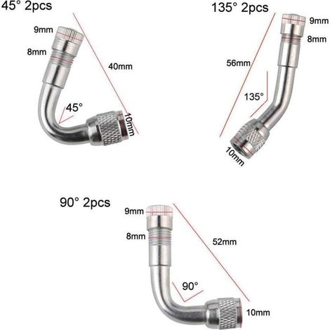 Set di 6 prolunghe per valvole pneumatici, adattatori per valvole, prolunghe per valvole ad aria, gomiti per valvole, per auto, moto, biciclette, camion, 3 tipi (argento) (1/4)