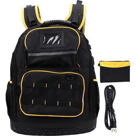 Sac à dos à outils avec plusieurs poches, pochette rembourrée pour ordinateur portable, sac à fond rigide en tissu Oxford avec pochette pour câble de Type C (1/5)