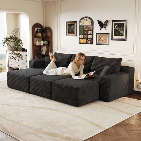 Canapé d'angle 3 places 241 cm, canapé 3 places tissu en velours côtelé noir, canapé 3 places salon modulaire avec méridienne en L, assise profonde, sans montage, livré en 4 colis, 46,1 kg